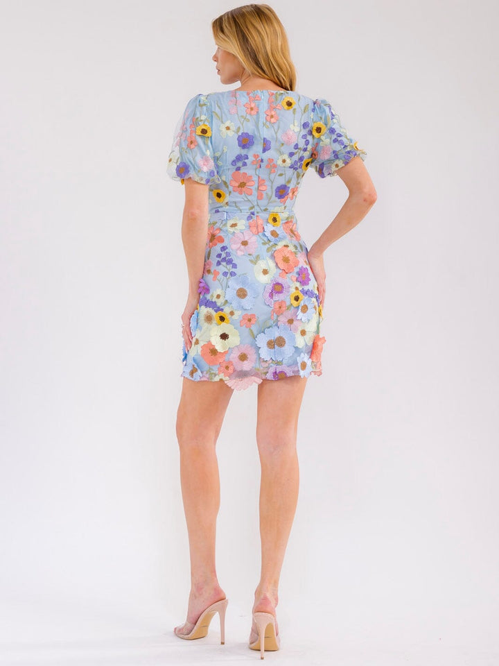 WOMEN'S SHORT PUFF SLEEVE V-NECK MULTI FLORAL BODYCON MINI DRESS