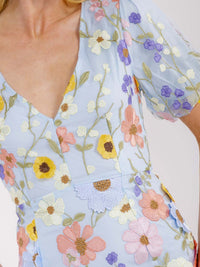 WOMEN'S SHORT PUFF SLEEVE V-NECK MULTI FLORAL BODYCON MINI DRESS