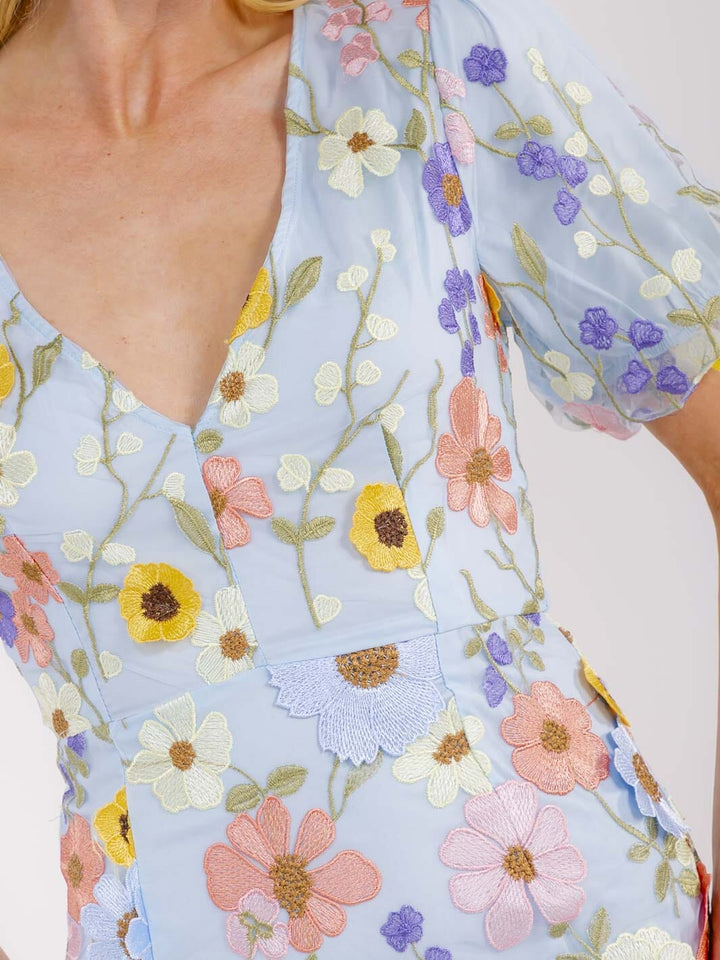 WOMEN'S SHORT PUFF SLEEVE V-NECK MULTI FLORAL BODYCON MINI DRESS