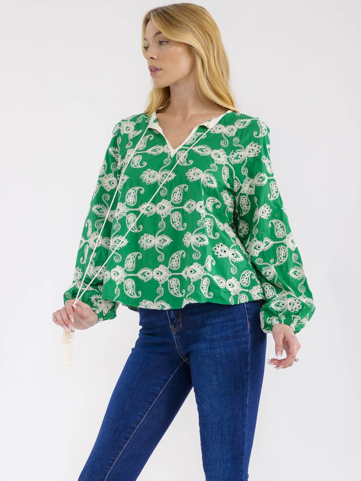 WOMEN'S LONG SLEEVE V-NECK EMBROIDERY DETAILED BLOUSE