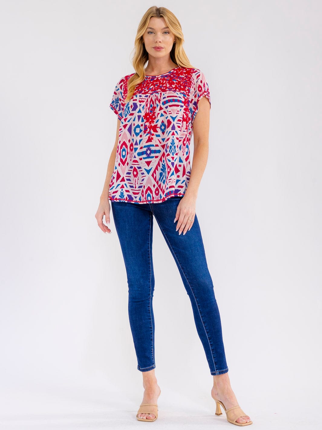 WOMEN'S SHORT SLEEVE EMBROIDERY MULTI PRINT BLOUSE