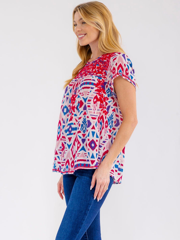 WOMEN'S SHORT SLEEVE EMBROIDERY MULTI PRINT BLOUSE