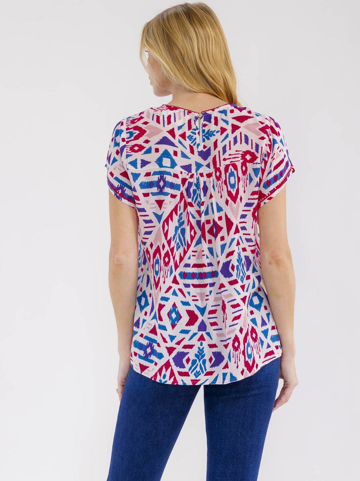 WOMEN'S SHORT SLEEVE EMBROIDERY MULTI PRINT BLOUSE