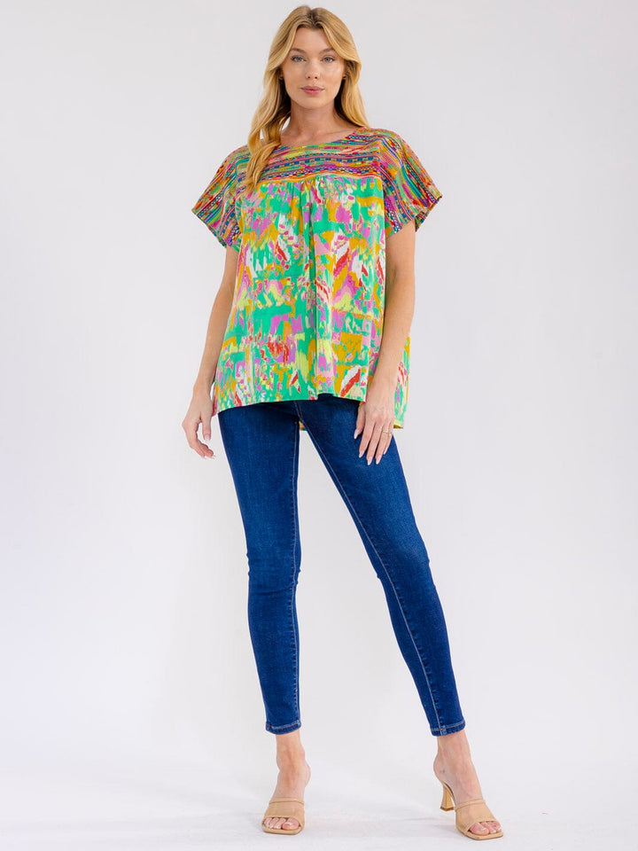 WOMEN'S SHORT SLEEVE MULTI PRINT EMBROIDERY TUNIC BLOUSE