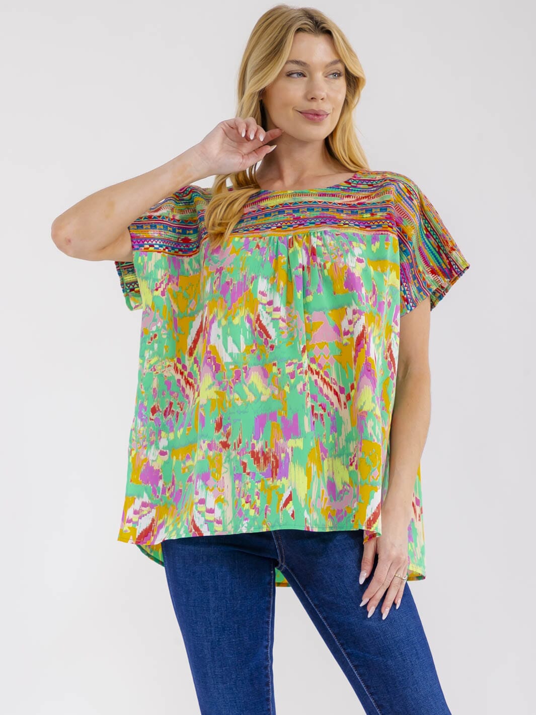 WOMEN'S SHORT SLEEVE MULTI PRINT EMBROIDERY TUNIC BLOUSE