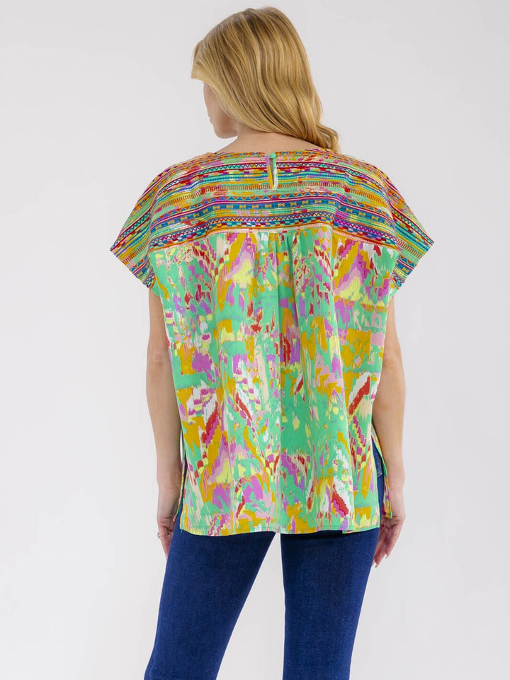WOMEN'S SHORT SLEEVE MULTI PRINT EMBROIDERY TUNIC BLOUSE