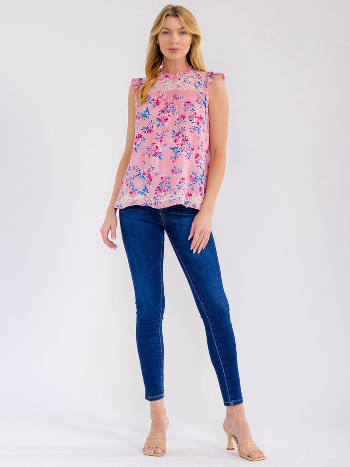 WOMEN'S SLEEVELESS FLORAL EMBROIDERY BLOUSE