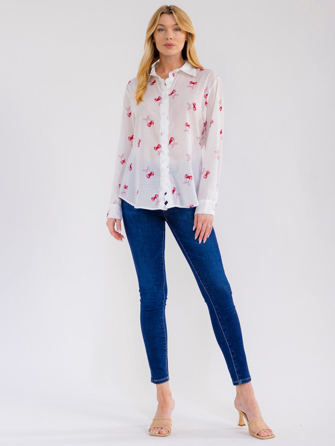 WOMEN'S LONG SLEEVE BUTTON UP CHERRY PRINT BLOUSE