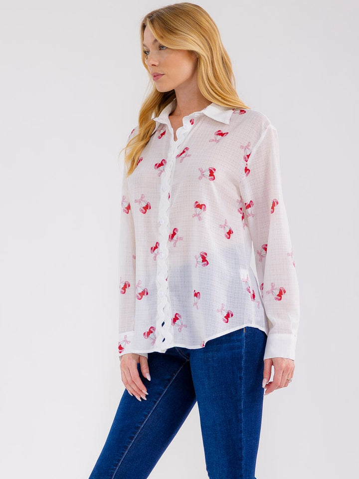 WOMEN'S LONG SLEEVE BUTTON UP CHERRY PRINT BLOUSE