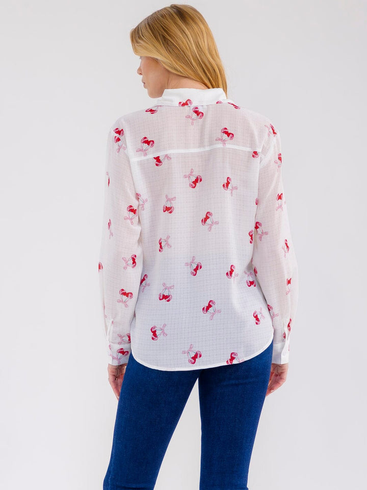 WOMEN'S LONG SLEEVE BUTTON UP CHERRY PRINT BLOUSE