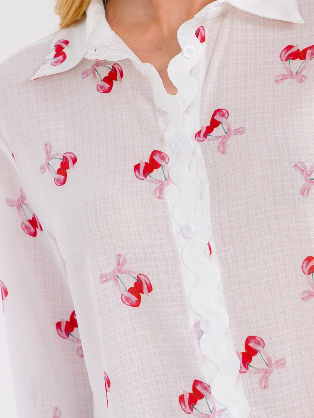 WOMEN'S LONG SLEEVE BUTTON UP CHERRY PRINT BLOUSE