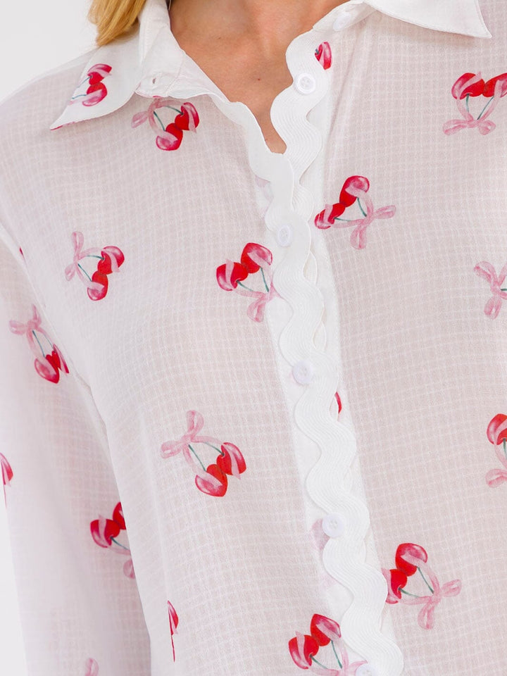 WOMEN'S LONG SLEEVE BUTTON UP CHERRY PRINT BLOUSE