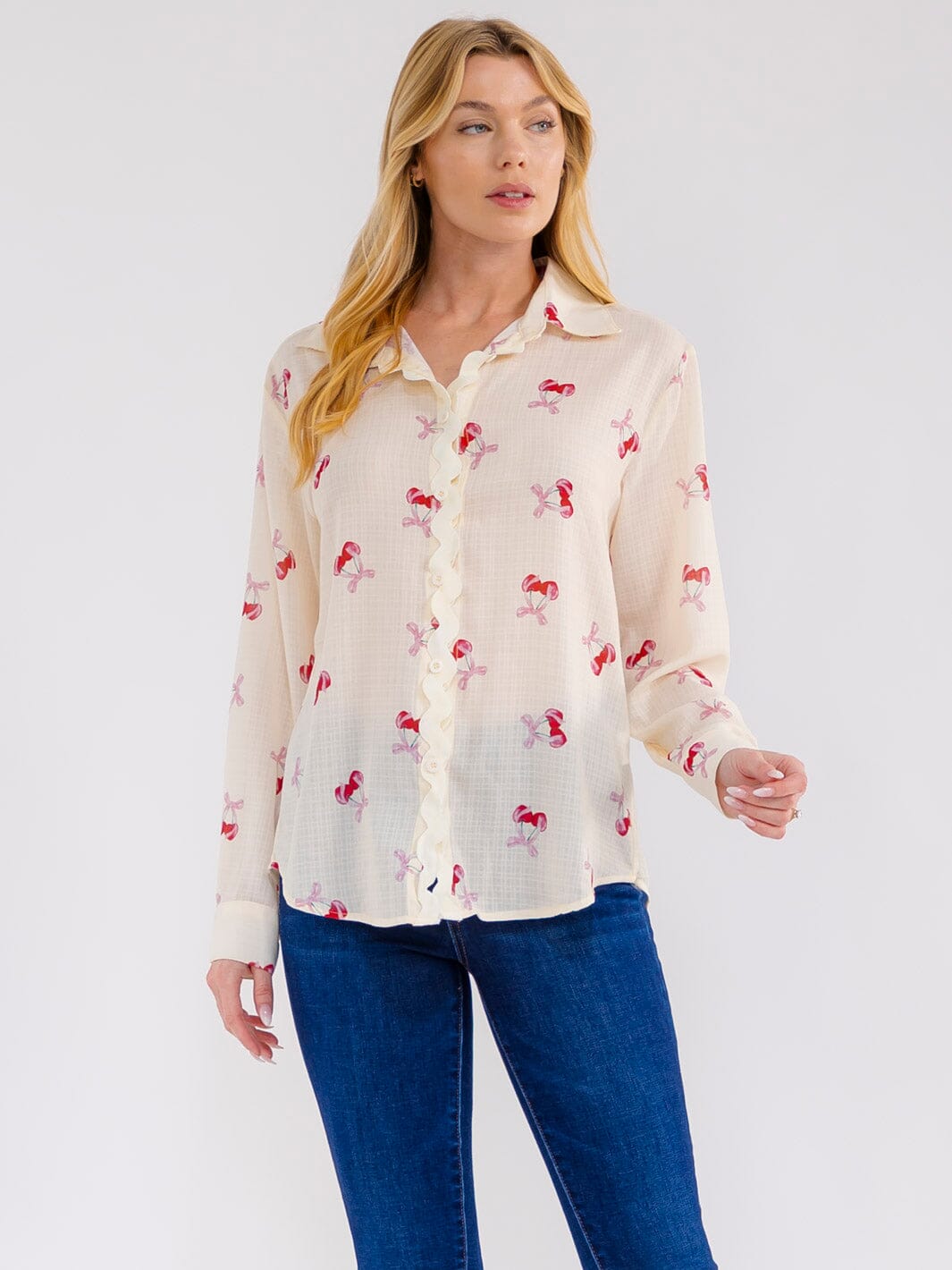 WOMEN'S LONG SLEEVE BUTTON UP CHERRY PRINT BLOUSE