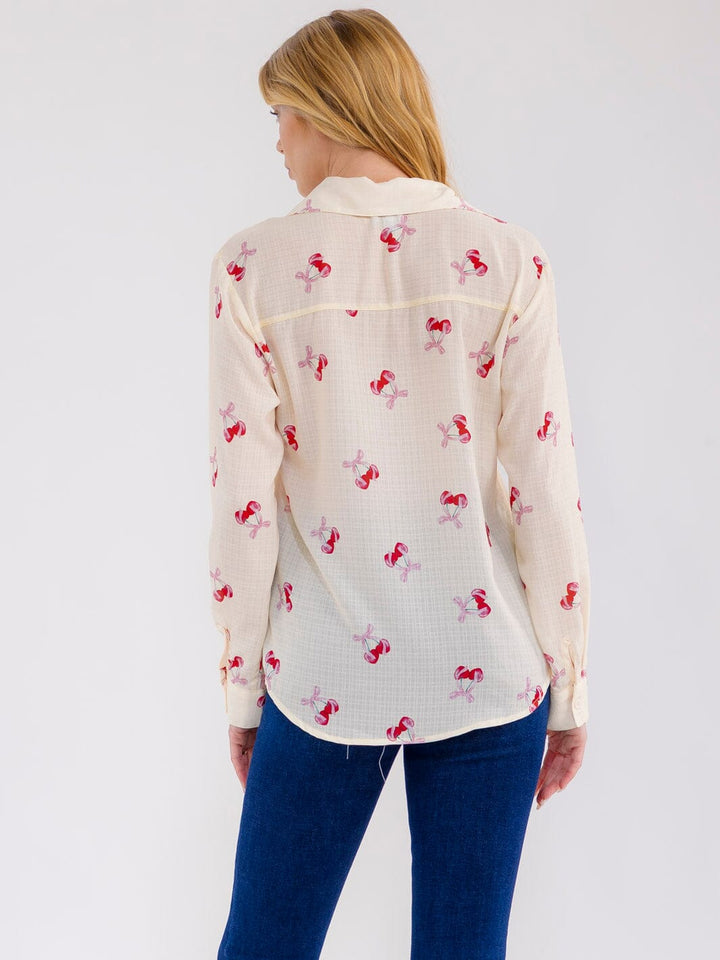 WOMEN'S LONG SLEEVE BUTTON UP CHERRY PRINT BLOUSE
