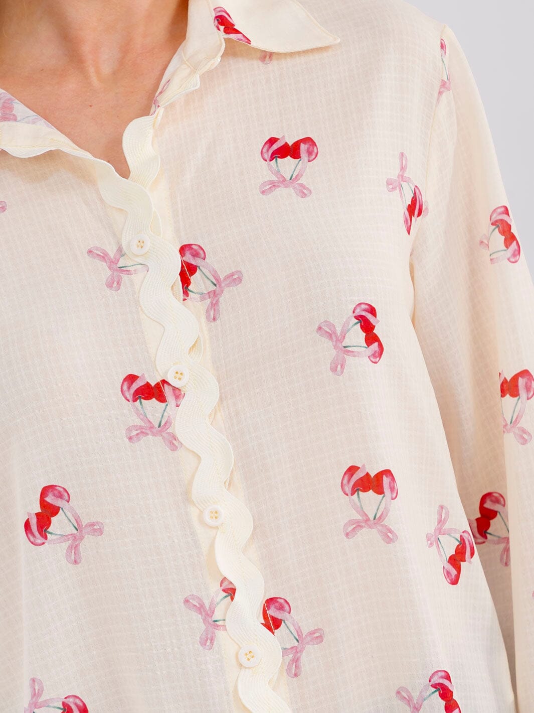 WOMEN'S LONG SLEEVE BUTTON UP CHERRY PRINT BLOUSE