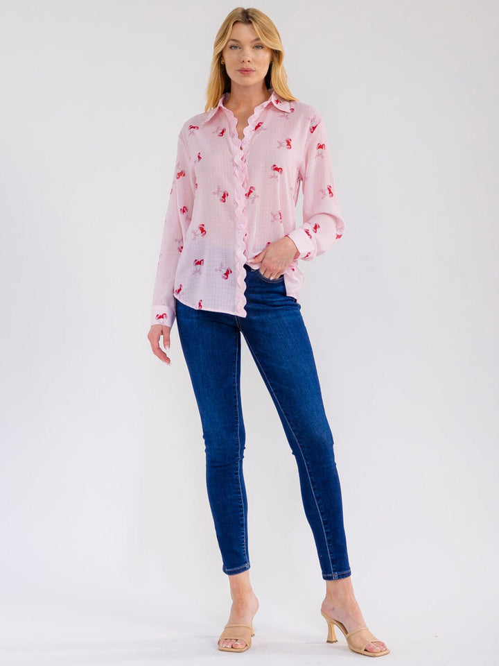 WOMEN'S LONG SLEEVE BUTTON UP CHERRY PRINT BLOUSE