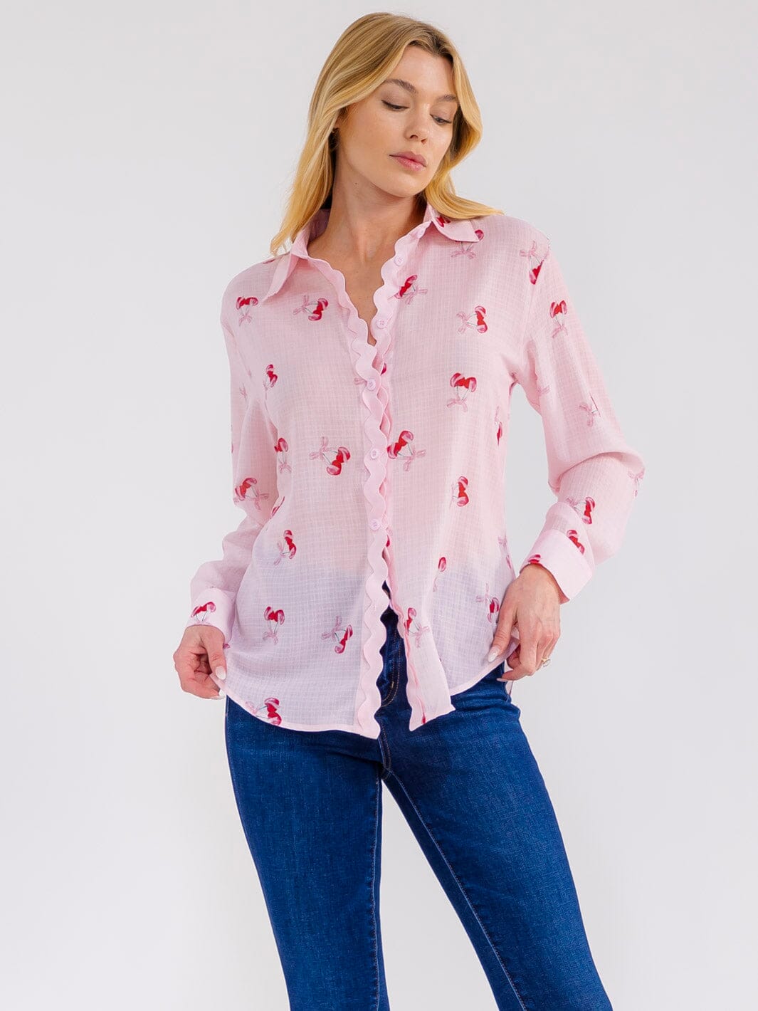 WOMEN'S LONG SLEEVE BUTTON UP CHERRY PRINT BLOUSE