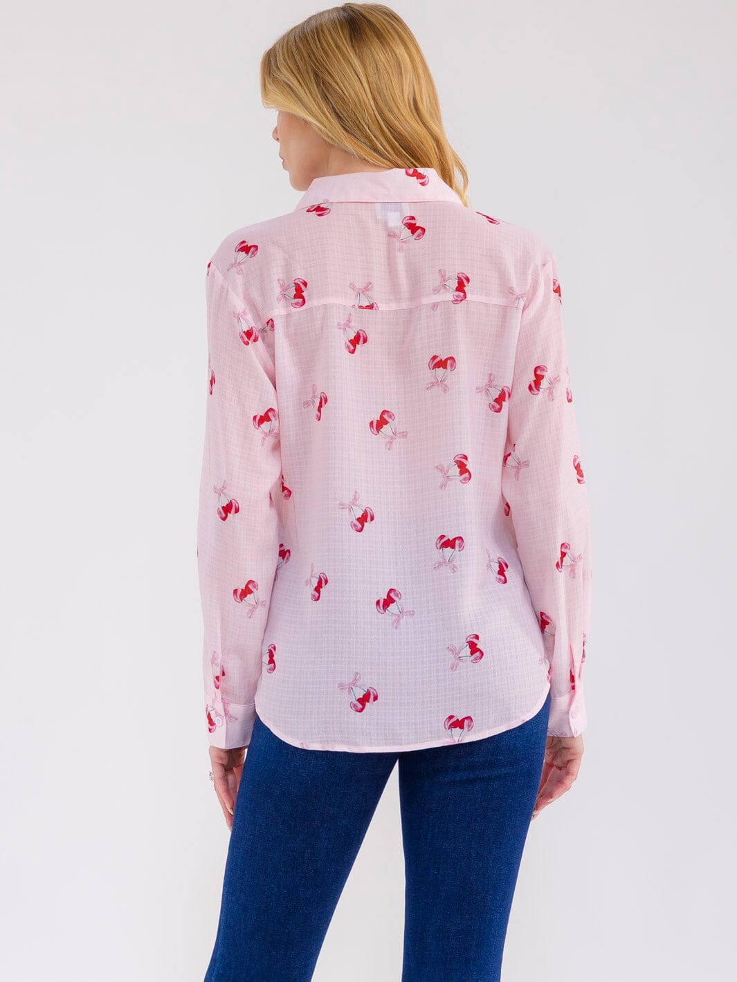 WOMEN'S LONG SLEEVE BUTTON UP CHERRY PRINT BLOUSE