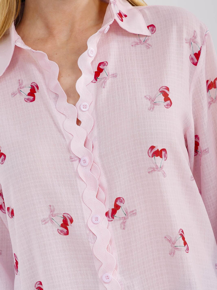 WOMEN'S LONG SLEEVE BUTTON UP CHERRY PRINT BLOUSE