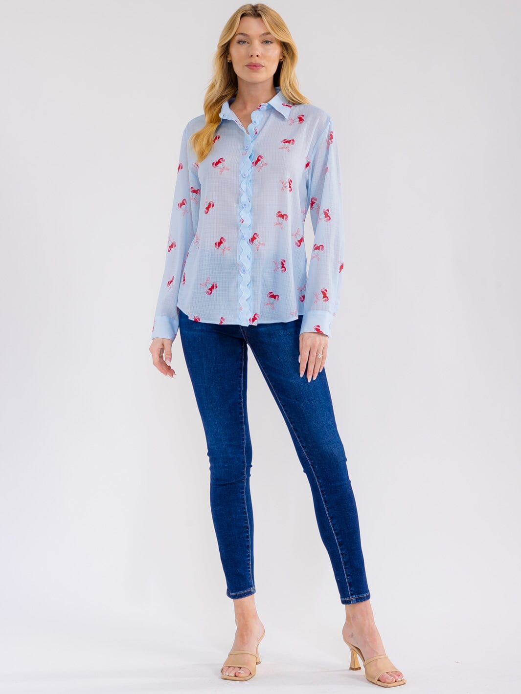 WOMEN'S LONG SLEEVE BUTTON UP CHERRY PRINT BLOUSE