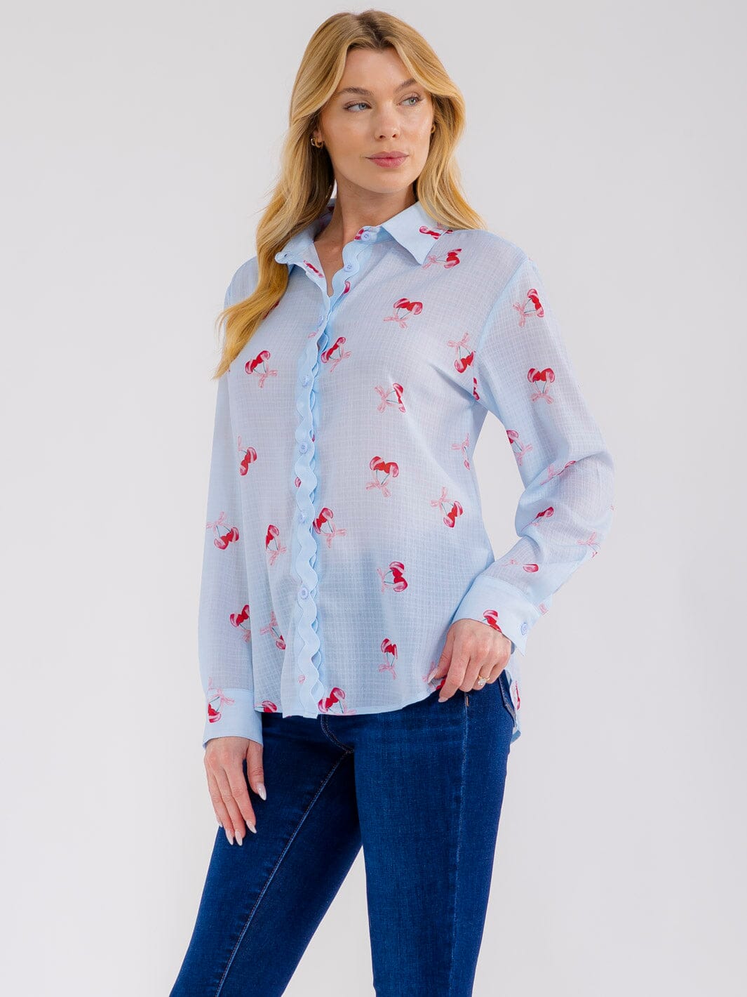 WOMEN'S LONG SLEEVE BUTTON UP CHERRY PRINT BLOUSE