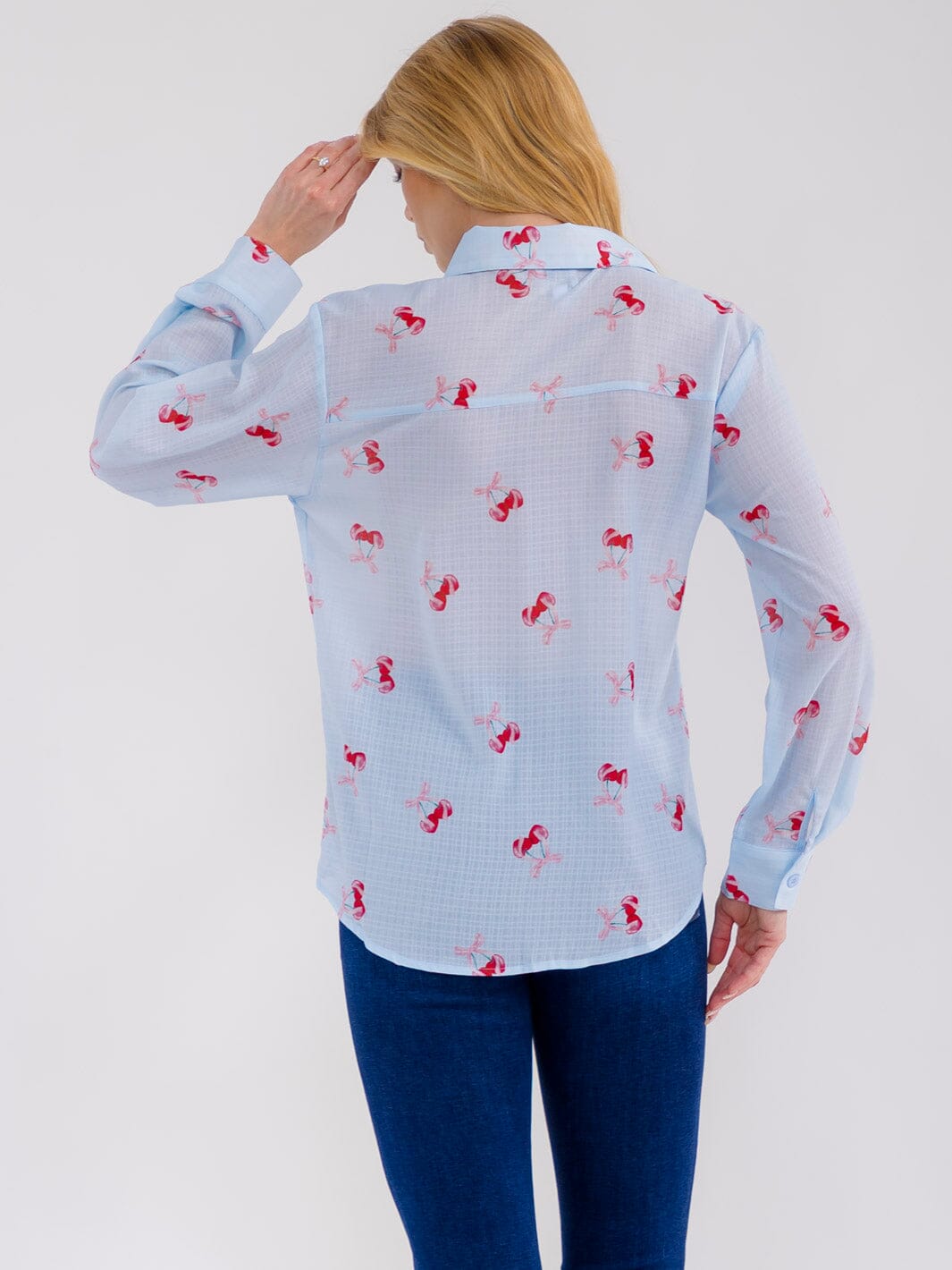 WOMEN'S LONG SLEEVE BUTTON UP CHERRY PRINT BLOUSE