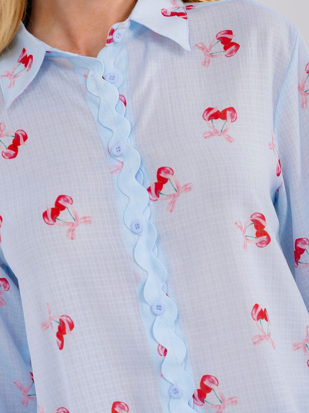 WOMEN'S LONG SLEEVE BUTTON UP CHERRY PRINT BLOUSE