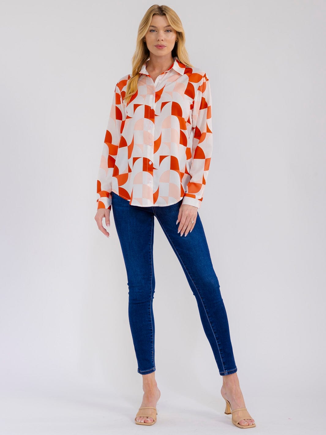 WOMEN'S LONG SLEEVE BUTTON UP MULTI PRINT BLOUSE