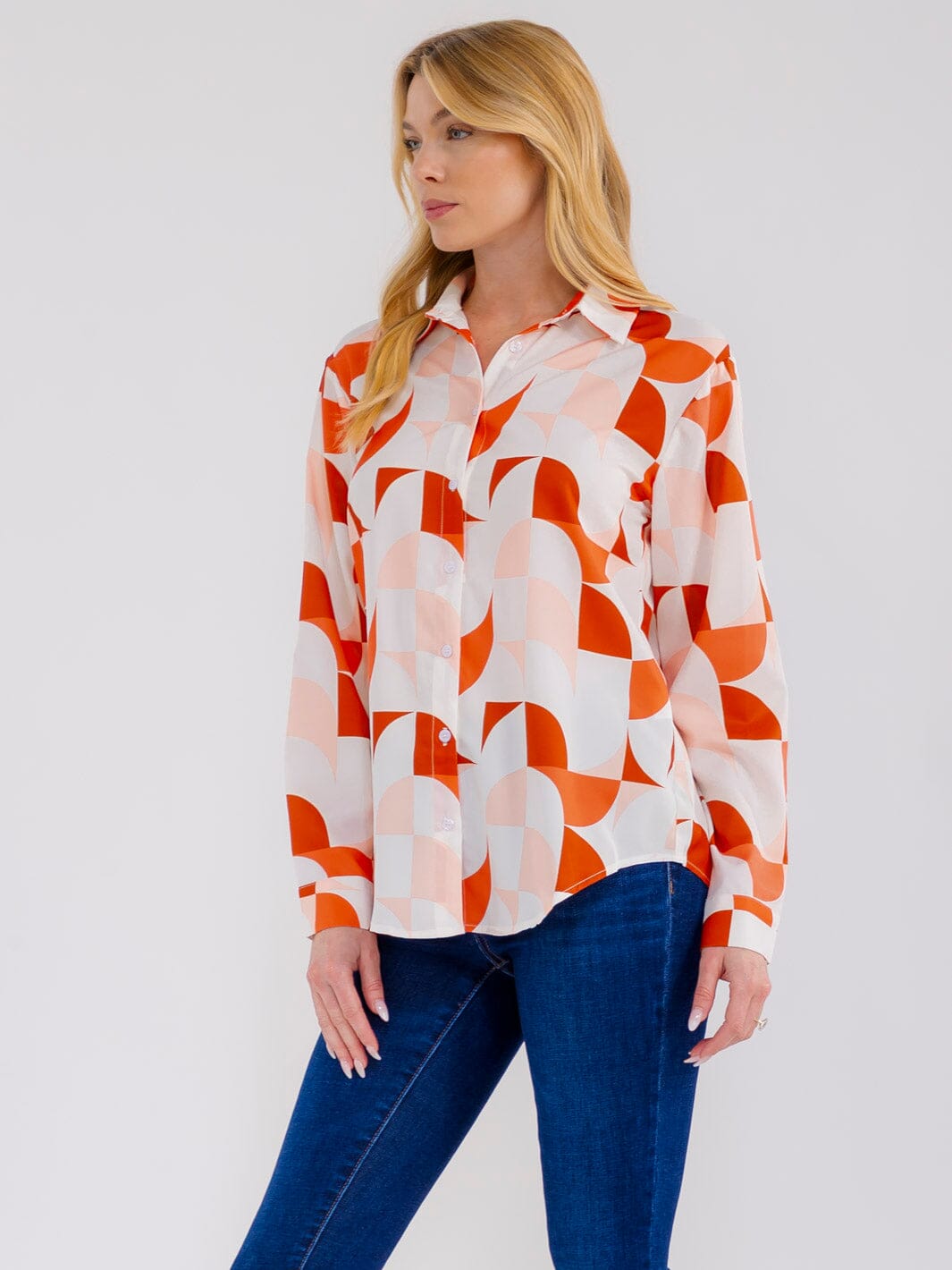 WOMEN'S LONG SLEEVE BUTTON UP MULTI PRINT BLOUSE