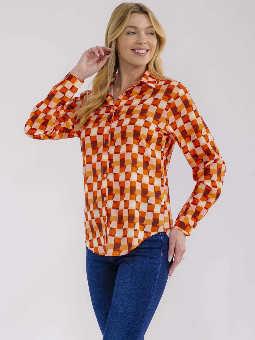 WOMEN'S LONG SLEEVE BUTTON UP MULTI PRINT BLOUSE