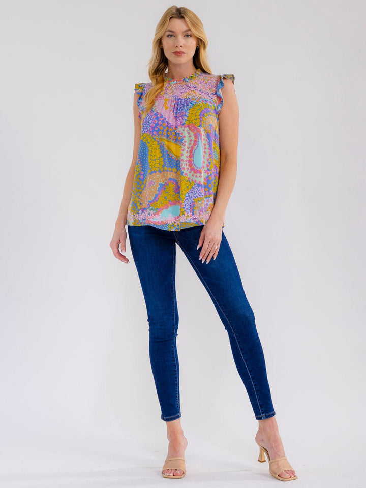 WOMEN'S SLEEVELESS RUFFLE EMBROIDERY MULTI PRINT TANK TOP