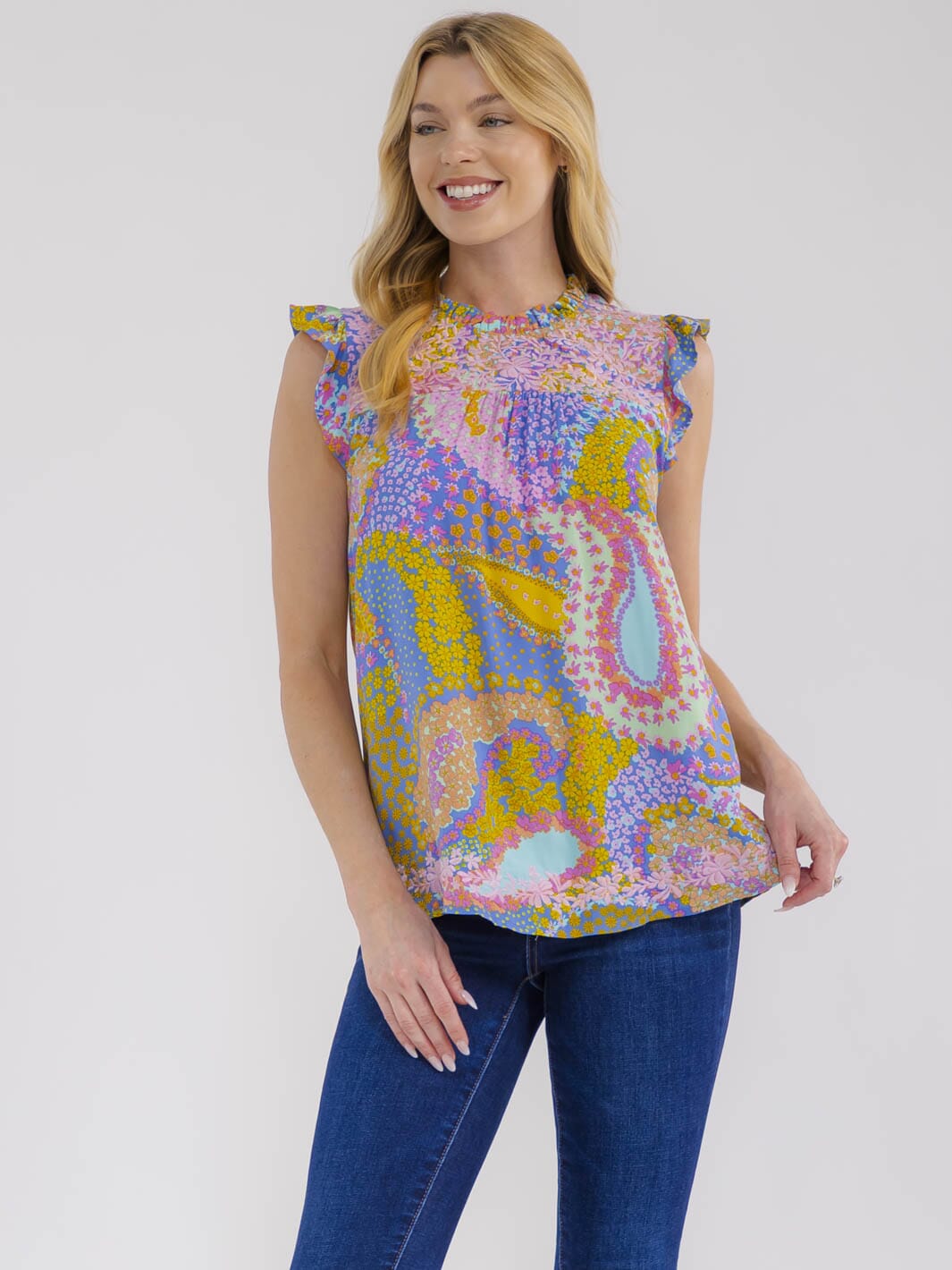 WOMEN'S SLEEVELESS RUFFLE EMBROIDERY MULTI PRINT TANK TOP