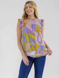 WOMEN'S SLEEVELESS RUFFLE EMBROIDERY MULTI PRINT TANK TOP