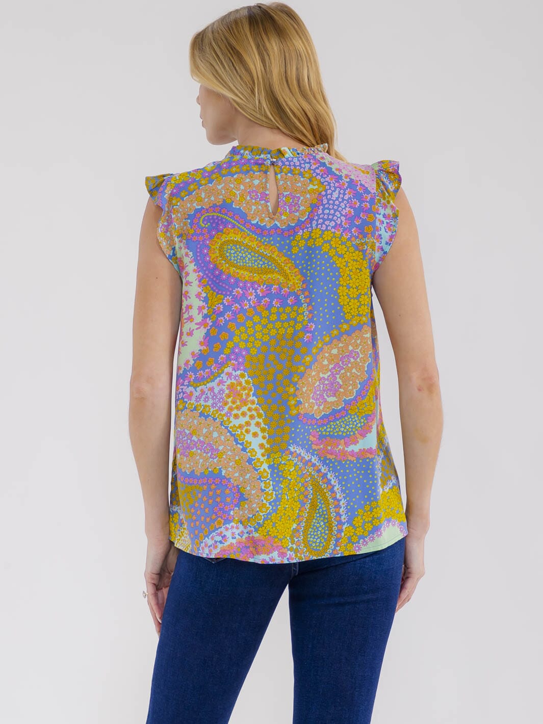 WOMEN'S SLEEVELESS RUFFLE EMBROIDERY MULTI PRINT TANK TOP