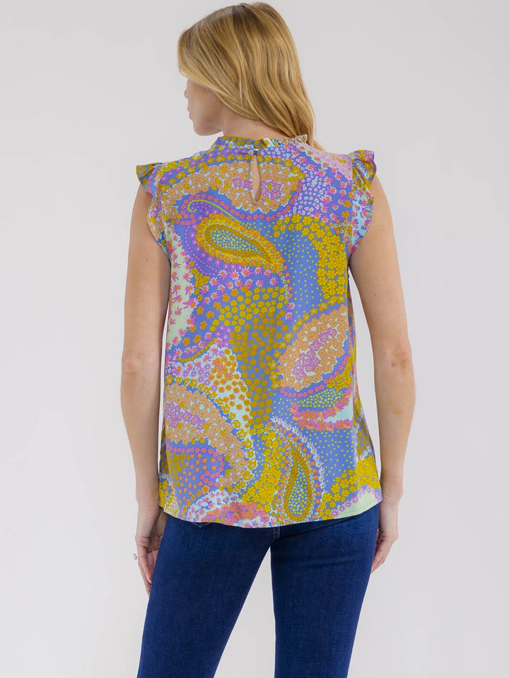 WOMEN'S SLEEVELESS RUFFLE EMBROIDERY MULTI PRINT TANK TOP