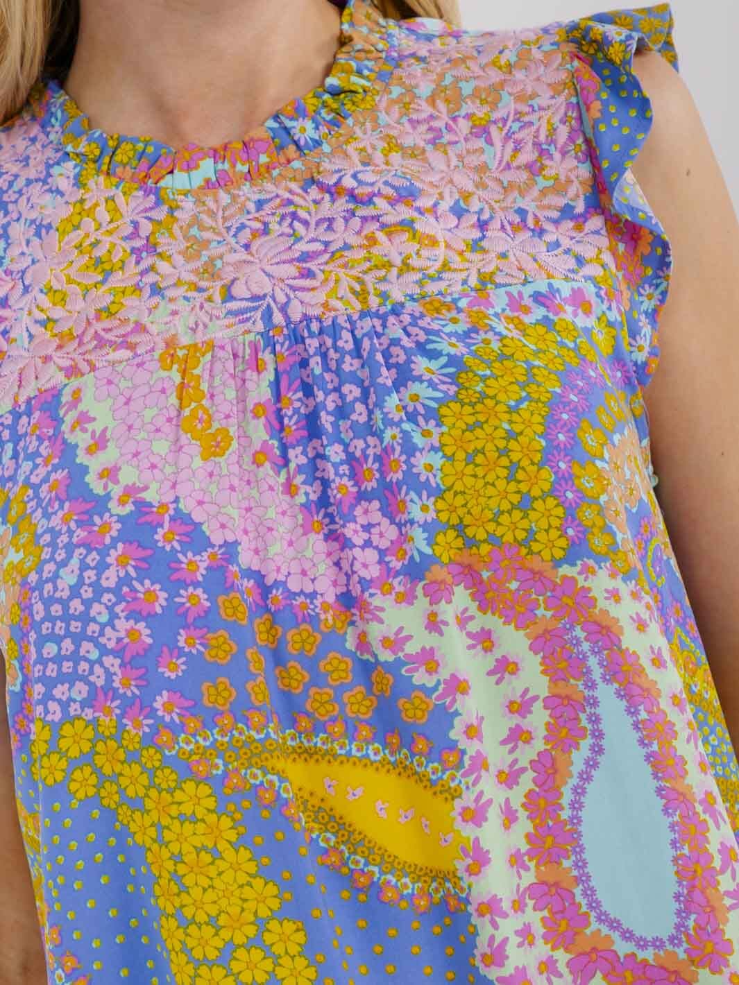 WOMEN'S SLEEVELESS RUFFLE EMBROIDERY MULTI PRINT TANK TOP