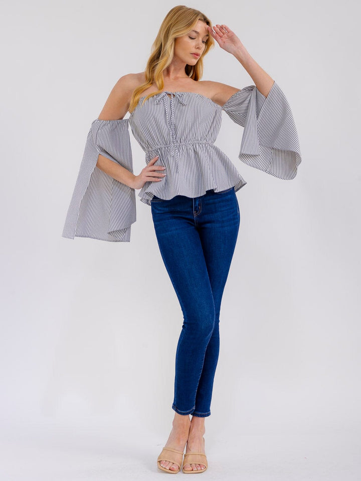 WOMEN'S OFF SHOULDER LONG BELL SLEEVES ELASTIC WAIST STRIPES BLOUSE