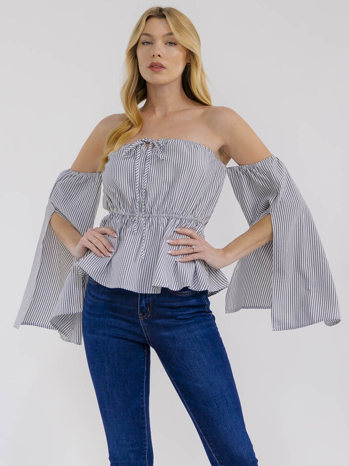 WOMEN'S OFF SHOULDER LONG BELL SLEEVES ELASTIC WAIST STRIPES BLOUSE
