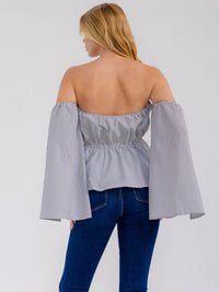 WOMEN'S OFF SHOULDER LONG BELL SLEEVES ELASTIC WAIST STRIPES BLOUSE