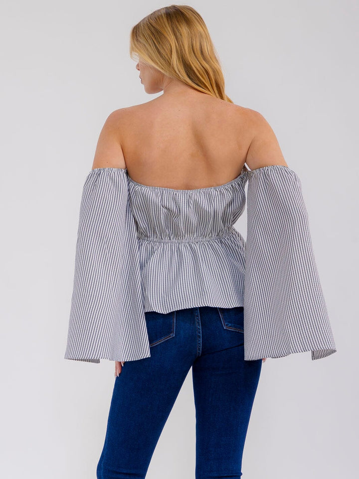 WOMEN'S OFF SHOULDER LONG BELL SLEEVES ELASTIC WAIST STRIPES BLOUSE