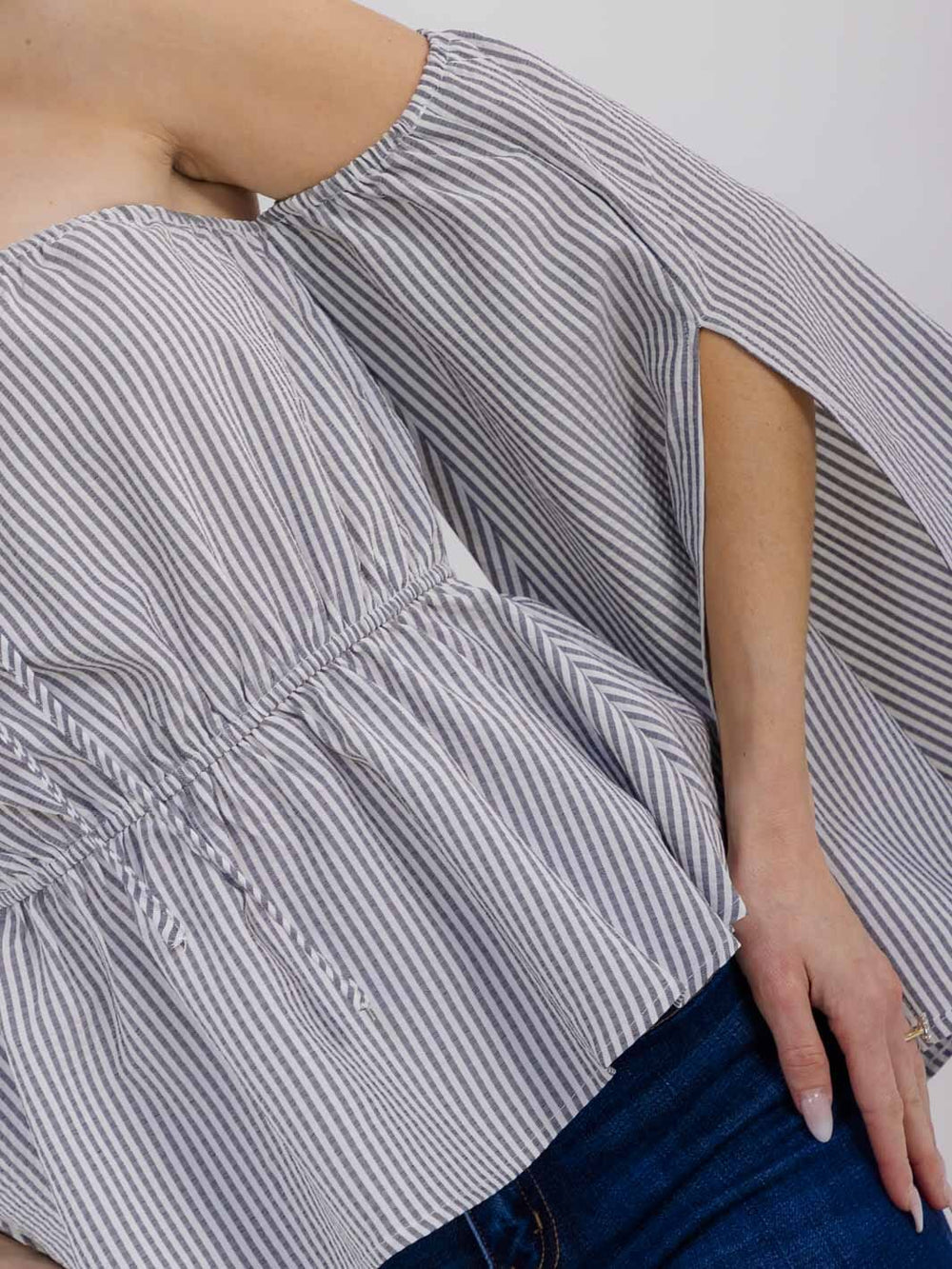 WOMEN'S OFF SHOULDER LONG BELL SLEEVES ELASTIC WAIST STRIPES BLOUSE
