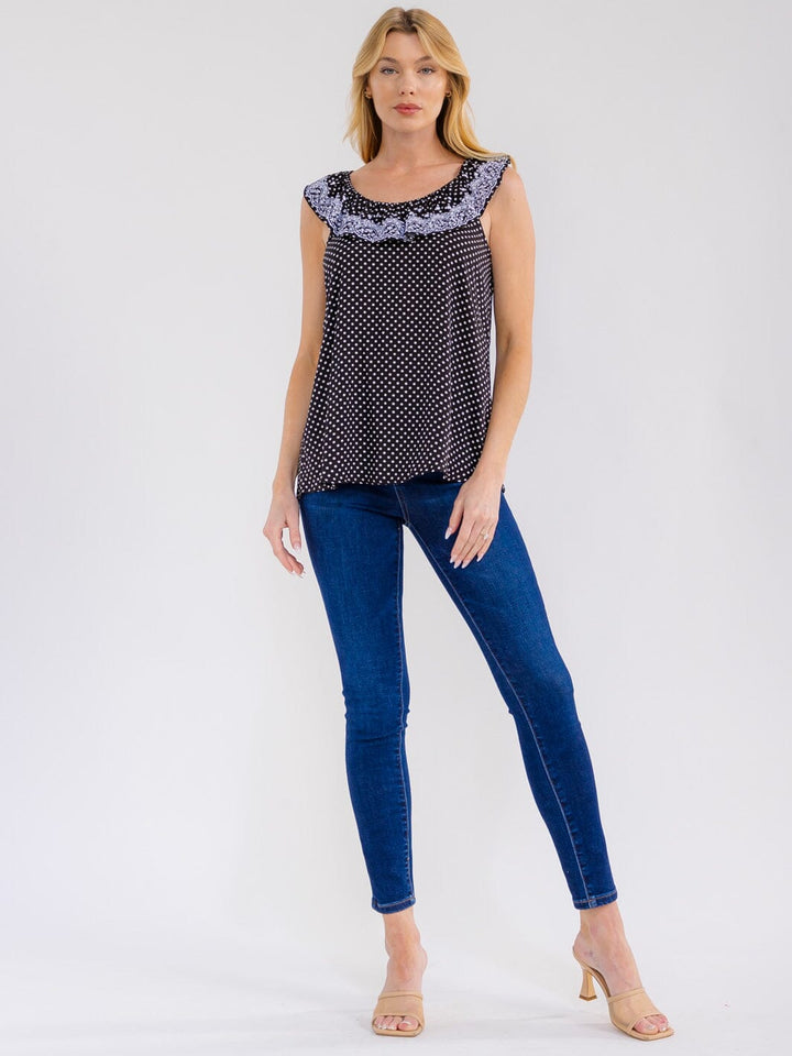 WOMEN'S SLEEVELESS RUFFLE EMBROIDERY POLKA DOTS TANK TOP