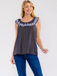 WOMEN'S SLEEVELESS RUFFLE EMBROIDERY POLKA DOTS TANK TOP
