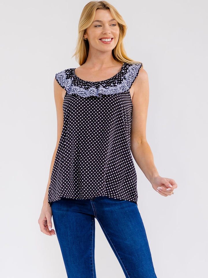 WOMEN'S SLEEVELESS RUFFLE EMBROIDERY POLKA DOTS TANK TOP