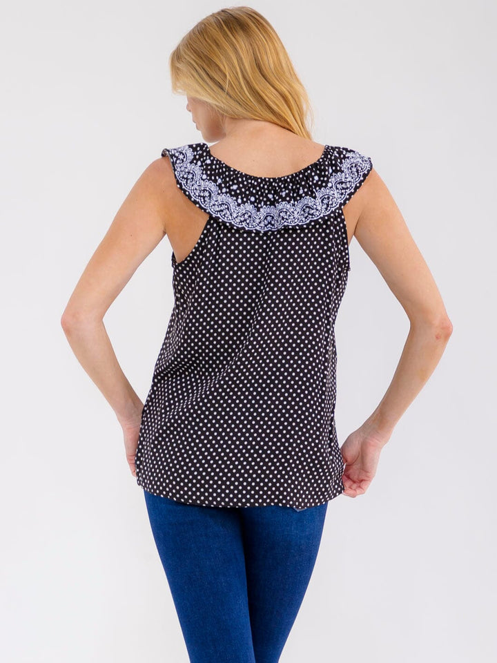 WOMEN'S SLEEVELESS RUFFLE EMBROIDERY POLKA DOTS TANK TOP
