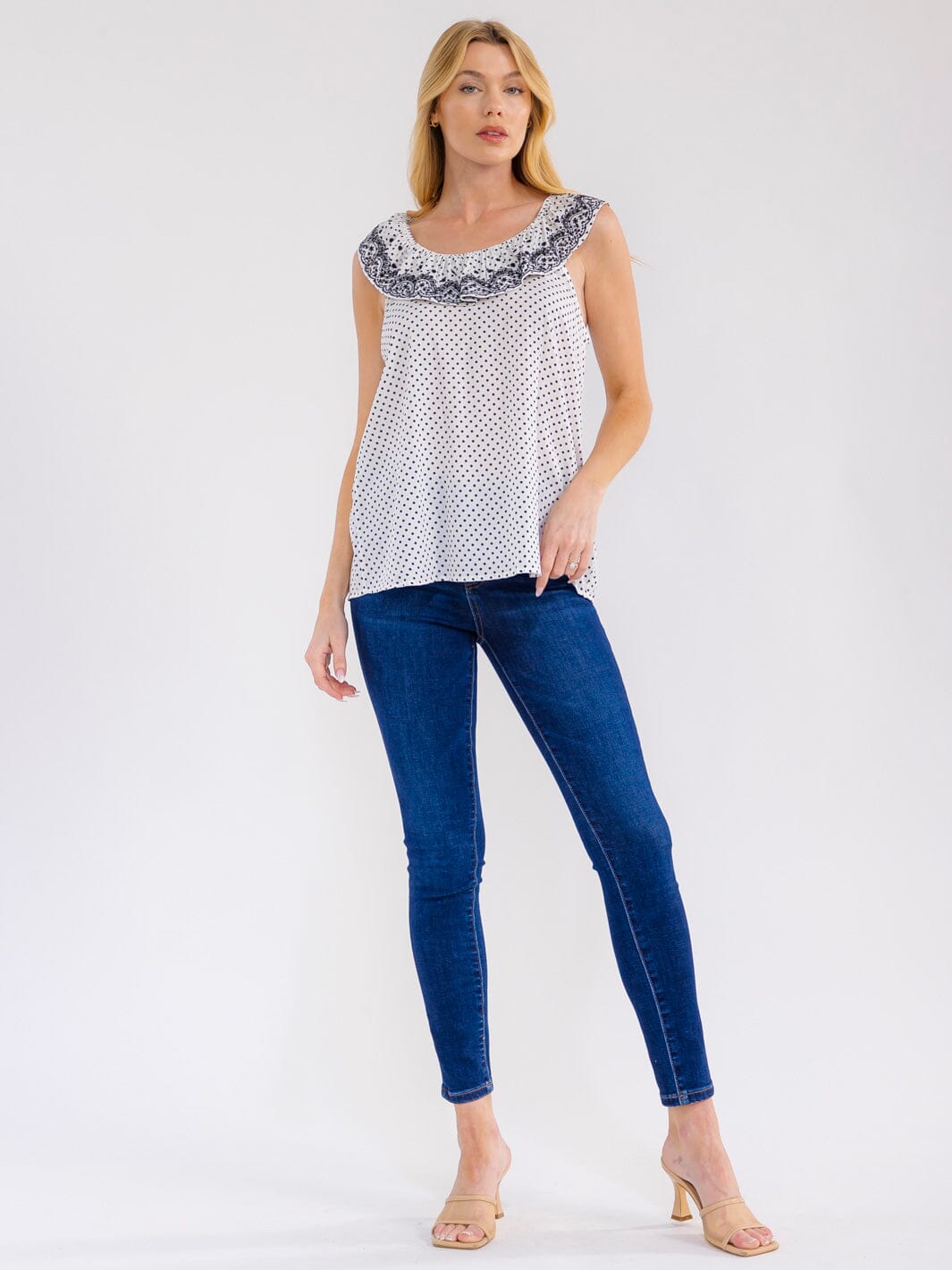 WOMEN'S SLEEVELESS RUFFLE EMBROIDERY POLKA DOTS TANK TOP