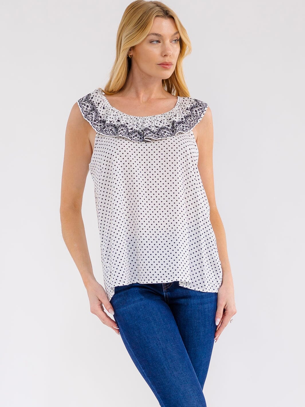 WOMEN'S SLEEVELESS RUFFLE EMBROIDERY POLKA DOTS TANK TOP