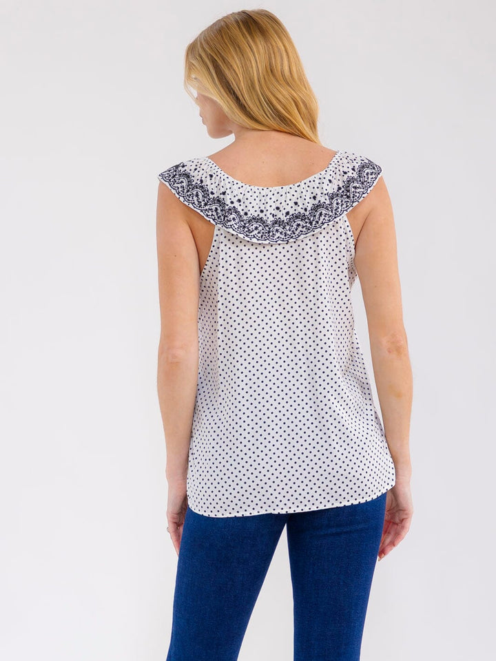 WOMEN'S SLEEVELESS RUFFLE EMBROIDERY POLKA DOTS TANK TOP