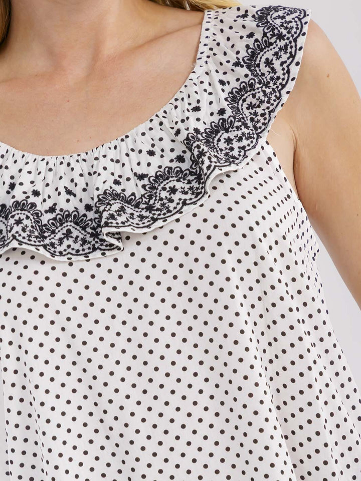 WOMEN'S SLEEVELESS RUFFLE EMBROIDERY POLKA DOTS TANK TOP