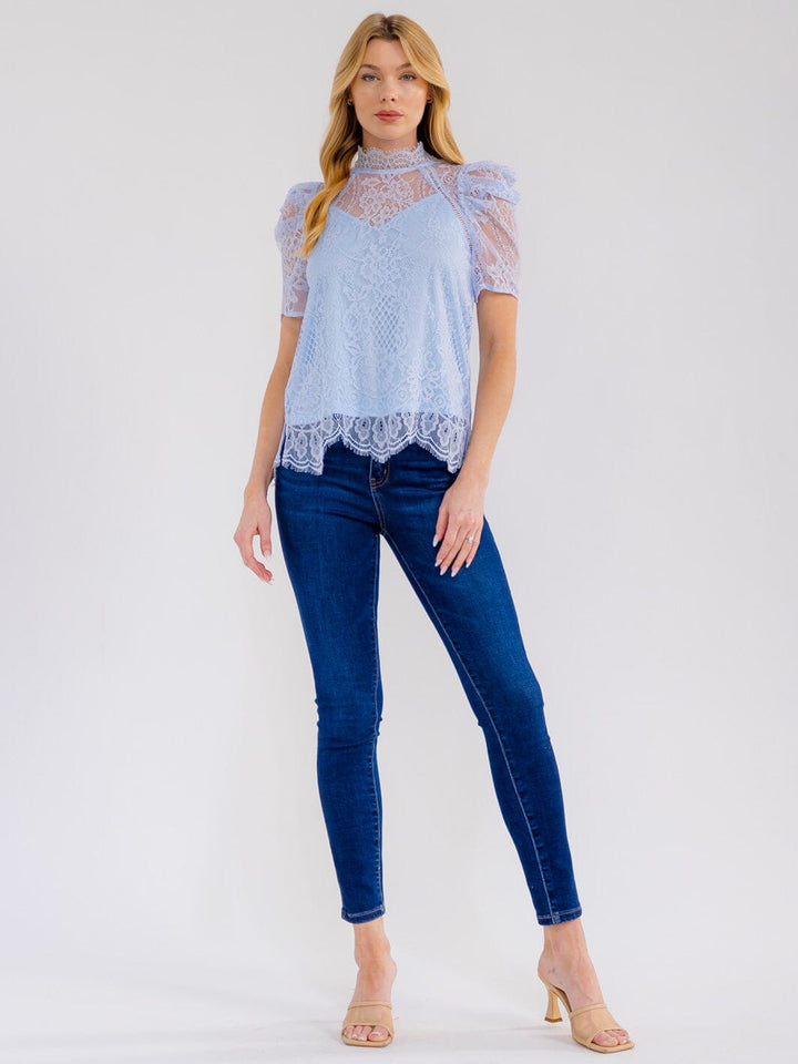 WOMEN'S SHORT PUFF SLEEVE MOCK NECK FLORAL LACE BLOUSE